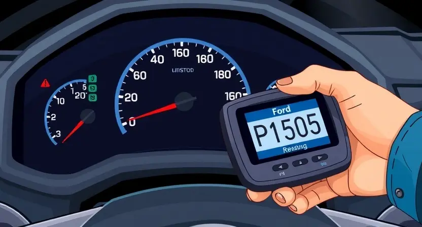 A detailed technical illustration of a Ford vehicle dashboard showing the P1505 error code indicator light illuminated, with a mechanic's hand holding a diagnostic scanner displaying the code P1505, surrounded by automotive tools and engine components, clean and professional visual style