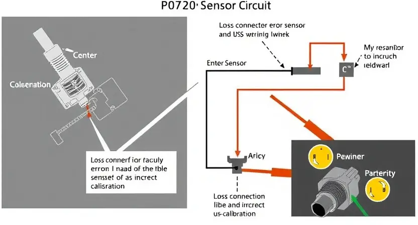 A detailed diagram illustrating the OSS sensor circuit, highlighting the P0720 error code and its potential causes. Include visual representations of the sensor, wiring, and possible malfunctions like a loose connection, faulty sensor, or incorrect calibration. Focus on clarity and technical accuracy.