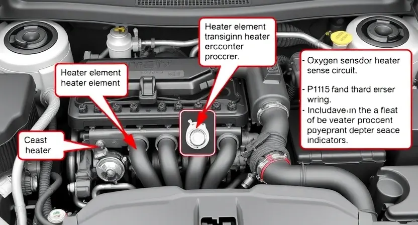 A detailed illustration of an automotive engine bay, focusing on the oxygen sensor heater circuit. Include visual representations of the heater element, wiring, and potential fault indicators. The image should clearly depict the components involved in the P1115 error code.