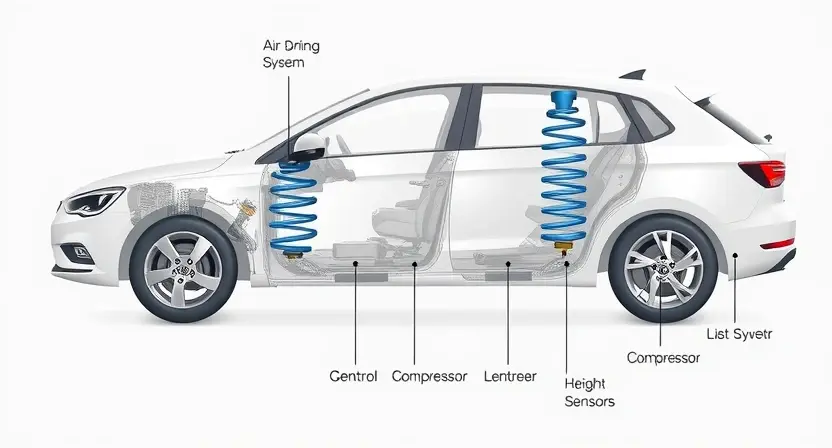 A high-quality technical illustration showing a modern car's air suspension system with visible components like air springs, compressor, height sensors, and control module, clean technical diagram style with labeled parts, neutral background, professional engineering illustration
