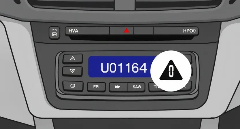 A high-quality technical illustration showing a vehicle's HVAC control module with a warning indicator for error code U0164, depicting a disconnected communication line or fault symbol, clean technical diagram style, no text or numbers on image