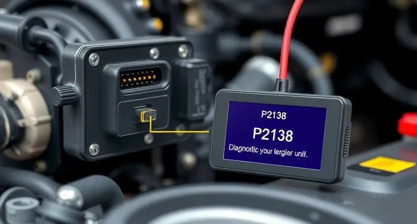 A close-up, detailed illustration of an engine control unit (ECU) with highlighted sensor connections and wiring. Focus on the diagnostic port and a visual representation of the P2138 error code being displayed on a small screen connected to the ECU. The background should be a slightly blurred automotive workshop environment.