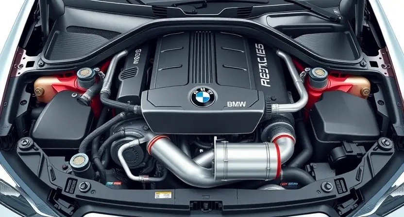 A detailed illustration of a BMW engine bay with the catalytic converter clearly visible. The engine should be partially disassembled to show the catalytic converter and associated components. Focus on the technical aspects of the system.