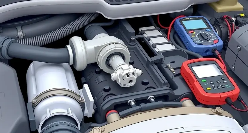 A detailed illustration of an automotive engine bay, focusing on the O2 sensor and its wiring. The sensor should be clearly visible, with its connector and wiring harness highlighted. Include diagnostic tools like a scan tool and a multimeter in the background. The overall scene should convey a sense of technical inspection and troubleshooting.