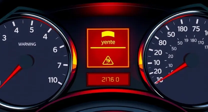 A detailed illustration of a car's dashboard with the cruise control warning light illuminated. Focus on the warning light and the surrounding instrument cluster elements. The image should convey a sense of a problem or malfunction.
