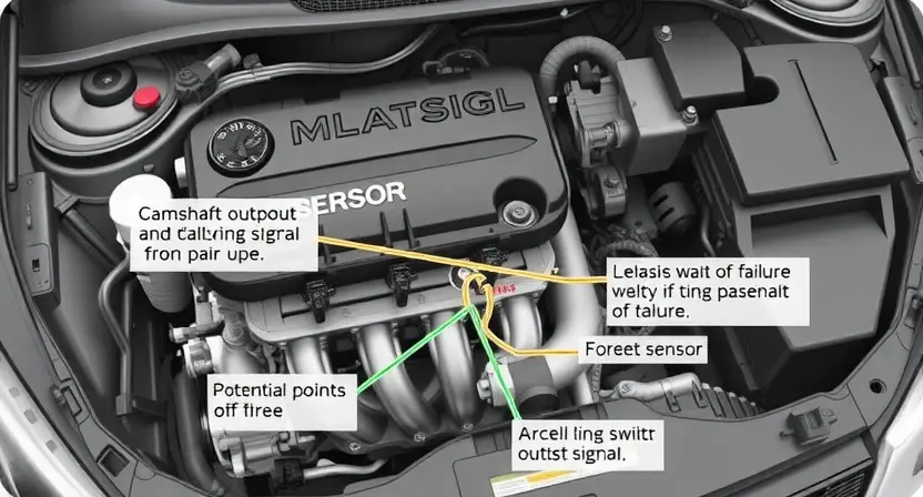 A detailed illustration of a car engine bay, focusing on the camshaft output signal circuit. Include visual representations of the sensor, wiring harness, and potential points of failure. The image should clearly depict the circuit's components and their connections.