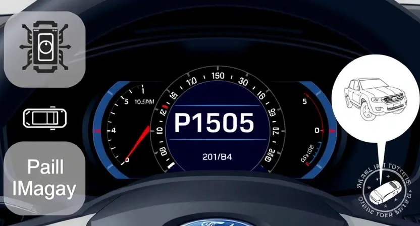 A high-quality technical illustration showing a Ford vehicle dashboard with the P1505 error code displayed on the instrument panel, surrounded by subtle automotive diagnostic elements like circuit diagrams and engine components, clean and professional visual style