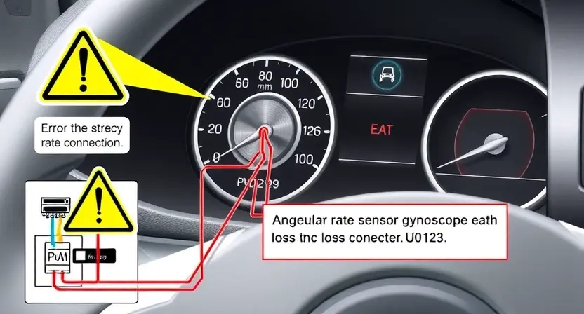 A high-quality technical illustration showing a vehicle's angular rate sensor (gyroscope) mounted on a dashboard, with a warning sign indicating loss of connection, surrounded by schematic wiring and error code U0123, in the style of HQ-832-448-h