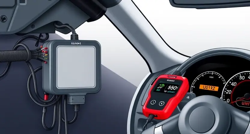 A technical illustration showing a vehicle's suspension control module with disconnected wiring harness, diagnostic scanner connected to OBD-II port, and warning light on dashboard displaying U0132 error code, all in a clean automotive workshop setting with soft lighting