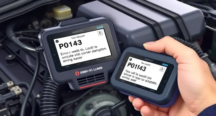 A detailed illustration of an OBD-II scanner connected to the diagnostic port of a car engine. The engine should be partially visible, showing engine components. Focus on the scanner's display showing the P0143 error code and related diagnostic information.
