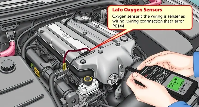 A detailed illustration of a car engine with a highlighted oxygen sensor and its wiring, showing the diagnostic process for error P0144. The image should depict a mechanic using a diagnostic tool to check the sensor and wiring connections, with a focus on the sensor's location and the wiring harness.