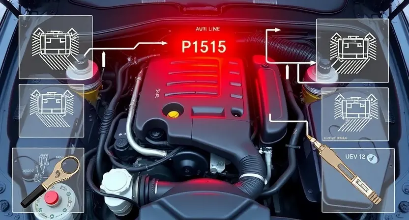 A high-quality technical illustration showing a car engine with a warning light on the dashboard indicating an error code P1515, surrounded by schematic diagrams of engine components and diagnostic tools, clean lines, detailed textures, professional lighting, no text or numbers on the image