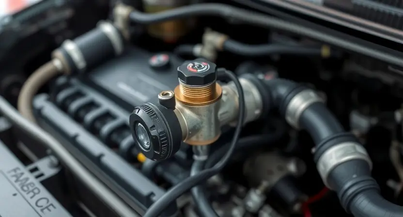 A detailed illustration of a car's engine bay, focusing on the solenoid valve for pressure control. The solenoid should be clearly visible, with wires and hoses connected. The background should be slightly blurred to emphasize the solenoid. The overall lighting should be realistic, highlighting the components.