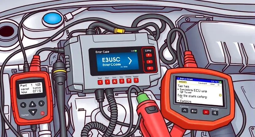 A detailed illustration of a car's engine control unit (ECU) with various diagnostic tools connected, highlighting a potential error code display. The background should be a clean, technical environment.