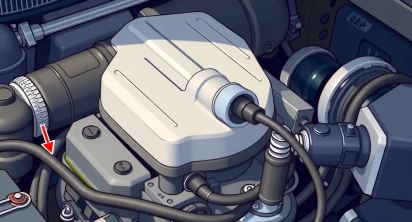 A detailed, realistic illustration of a car's engine bay. Focus on the Mass Air Flow (MAF) sensor and its wiring. The sensor should be clearly visible, and the surrounding engine components should be recognizable but not overly detailed. The overall lighting should be bright and clean, highlighting the sensor's position and connections.