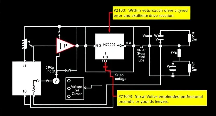 A detailed schematic diagram illustrating an electrical drive circuit with a prominent inductor (дрос). Highlight the signal path and components involved in the P2103 error condition. Show voltage levels and potential points of failure within the circuit. Focus on the electrical connections and component symbols.