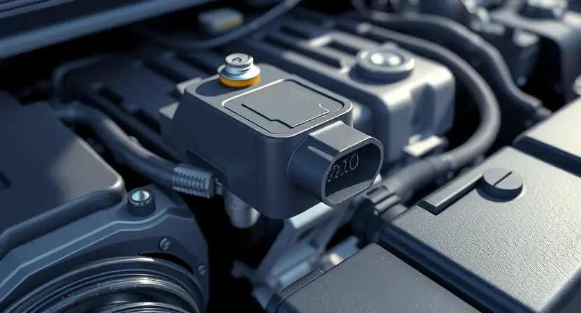A close-up, detailed illustration of a car's engine bay, focusing on the mass airflow sensor (MAF sensor). The sensor should be clearly visible, with surrounding engine components subtly in focus. Use bright, clean lighting to highlight the sensor's details. The overall composition should convey technical precision and clarity. Depict wiring connected to the MAF sensor.