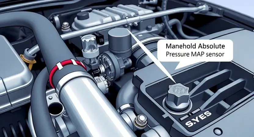 A close-up, detailed illustration of a car's engine bay with a focus on the Manifold Absolute Pressure (MAP) sensor. The sensor should be clearly visible, along with surrounding hoses and components. The overall lighting should be bright and clean, highlighting the sensor's details.