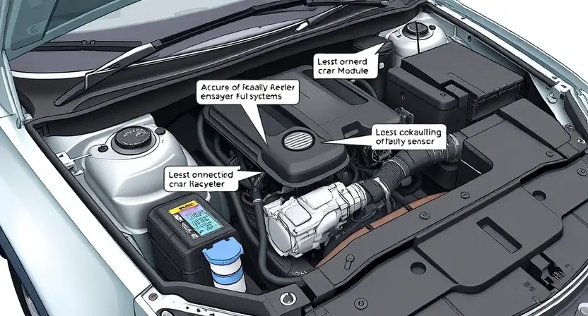 A detailed illustration of a car's engine bay, focusing on the alternative fuel module and its associated components. The image should depict potential issues related to the module, such as loose connections, damaged wiring, or a faulty sensor. Include visual cues suggesting diagnostic tools being used to inspect the system.