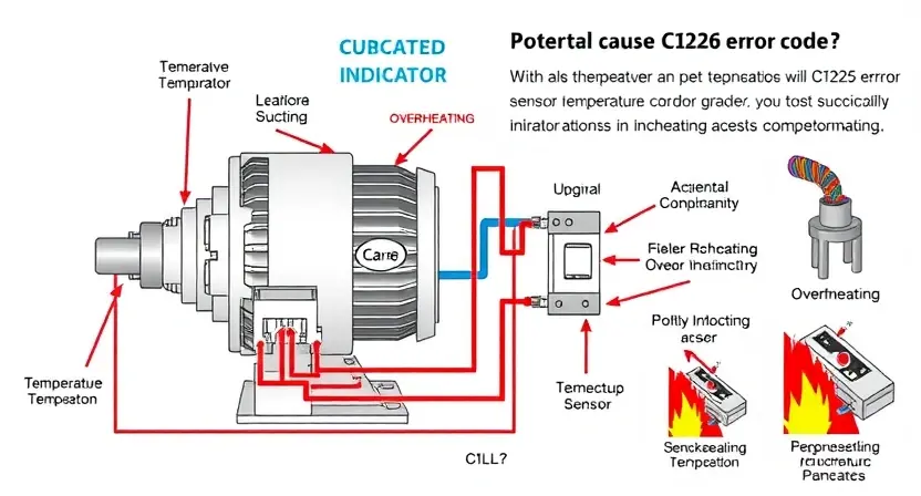 A detailed schematic diagram of an electric motor with a temperature sensor, highlighting the C1226 error code indicator. Include visual representations of overheating components and potential causes.