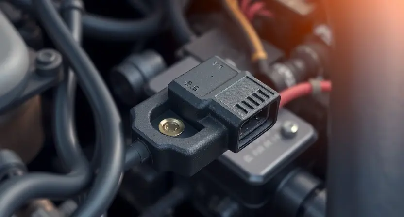 A close-up, detailed illustration of a car's engine control unit (ECU) with a highlighted sensor connection. The image should emphasize the wiring and the sensor itself, showing a weak or disrupted signal. Focus on the physical components and connections, conveying the concept of a low signal. The background should be blurred to keep the focus on the ECU and sensor.