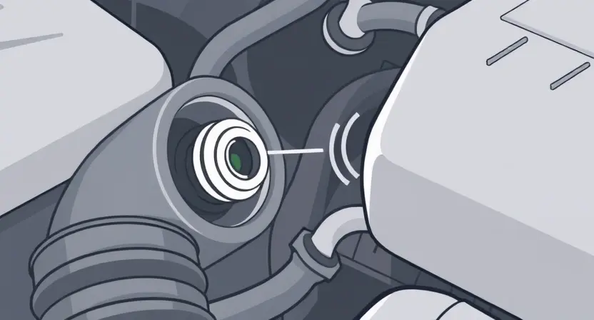 A close-up, detailed illustration of a car's engine bay, focusing on the air intake system and the temperature sensor. The sensor should be clearly visible, with subtle visual cues indicating a fluctuating or intermittent signal (e.g., a faint wavy line emanating from it). The overall aesthetic should be clean and technical, emphasizing the mechanical components.