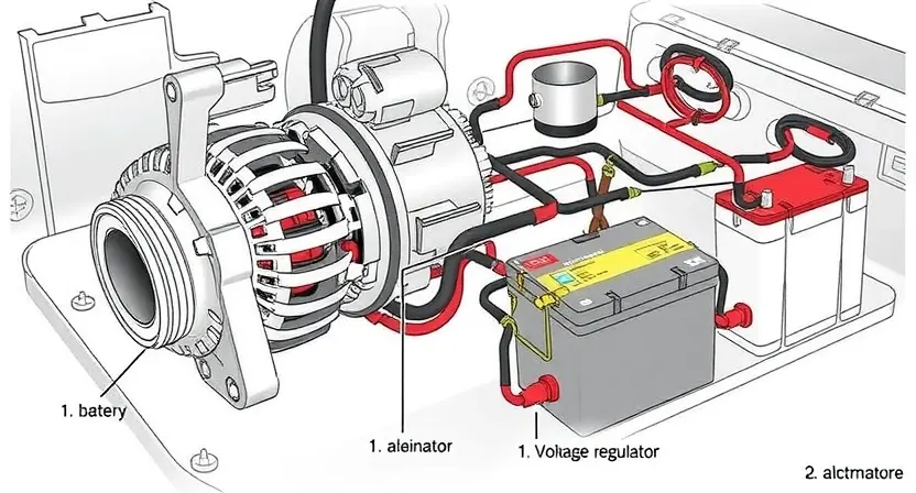 A detailed illustration of a car's charging system components, including the alternator, battery, voltage regulator, and wiring. The image should show the components in a disassembled state to highlight their individual roles and connections. The alternator should be depicted with its internal parts visible, such as the rotor, stator, and diodes. The battery should show its terminals and connections. The voltage regulator should be illustrated with its connections to the alternator and battery.