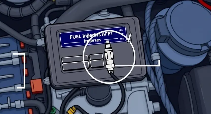 A detailed illustration of an engine control unit (ECU) with a highlighted fuel injector circuit. Include visual representations of sensors, wiring, and the injector itself. The background should be a clean, technical environment.
