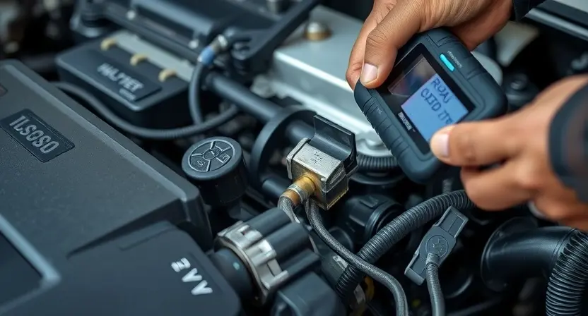 A close-up view of a car engine with a highlighted fuel water sensor and its wiring, showing a technician using a diagnostic tool to check the sensor. The scene should be well-lit and detailed, focusing on the sensor and the diagnostic process.