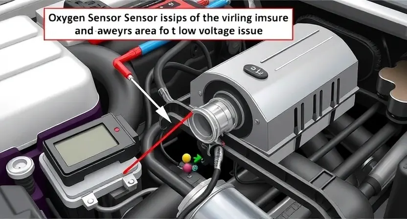 A detailed illustration of an automotive engine bay, focusing on the oxygen sensor and its wiring. The sensor should be clearly visible, connected to a wiring harness, and near the engine's exhaust manifold. Include diagnostic tools like a multimeter or scan tool in the background. The image should depict the sensor and its connection, highlighting potential areas of concern for a low voltage issue.