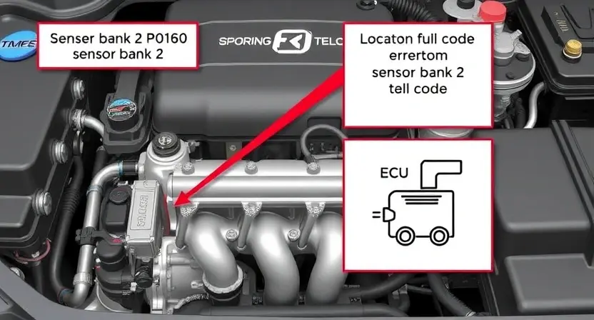 A detailed illustration of an automotive engine bay, focusing on the area around the fuel rail and sensor bank 2. The image should depict the sensor bank 2 with its various sensors clearly visible. Include a visual representation of the P0160 error code displayed on a dashboard or diagnostic screen. Show a schematic diagram highlighting the location of sensor bank 2 and its connection to the engine control unit (ECU).