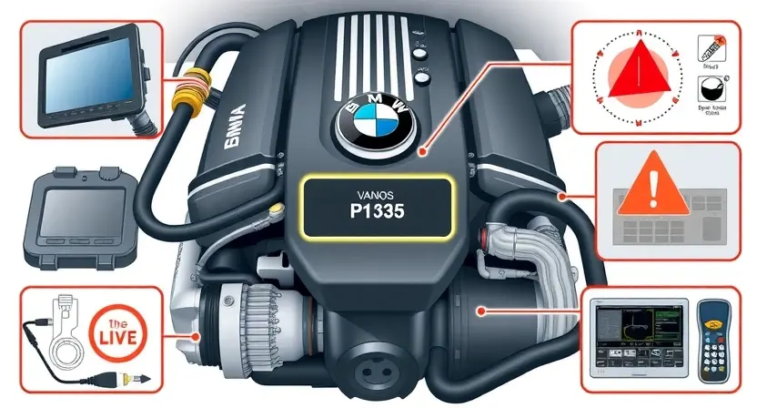 A high-quality technical illustration showing a BMW engine with the VANOS system highlighted, displaying error code P1335, with diagnostic tools and schematics around it, clean and professional visual style