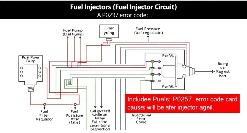 A detailed schematic diagram of a fuel injector circuit, highlighting the P0257 error code and its potential causes. Include visual representations of the fuel pump, fuel filter, fuel pressure regulator, and injector. The diagram should clearly show the wiring and connections.