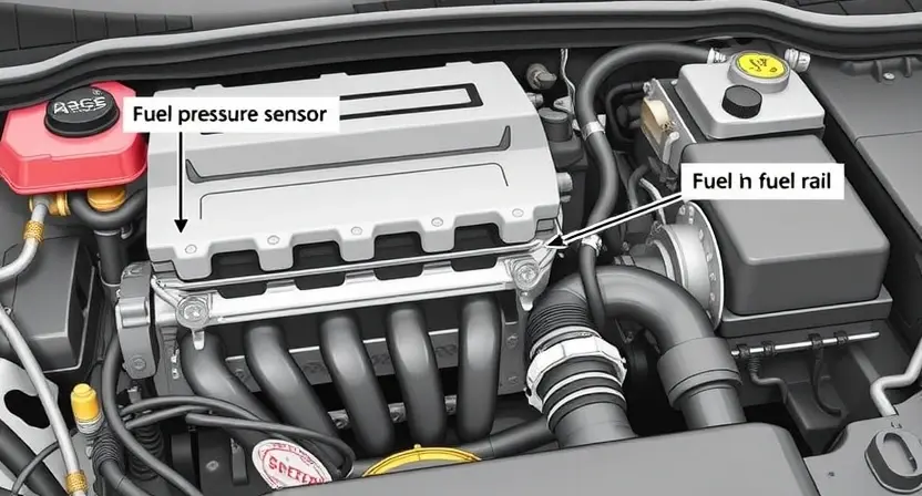 A detailed illustration of a car's engine bay, highlighting the fuel rail and fuel pressure sensor. The engine should be partially disassembled to show the components clearly. Focus on the fuel system components and wiring.