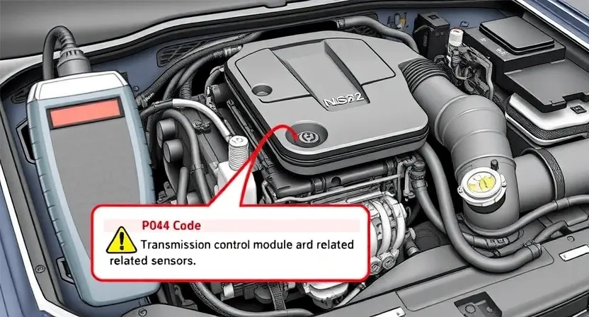 A detailed illustration of a car's engine bay with a diagnostic tool connected to the vehicle's computer. Focus on the area where the P0642 error code might be related to, such as the transmission control module or related sensors. Include visual cues representing the error code, like a highlighted area or a warning symbol.