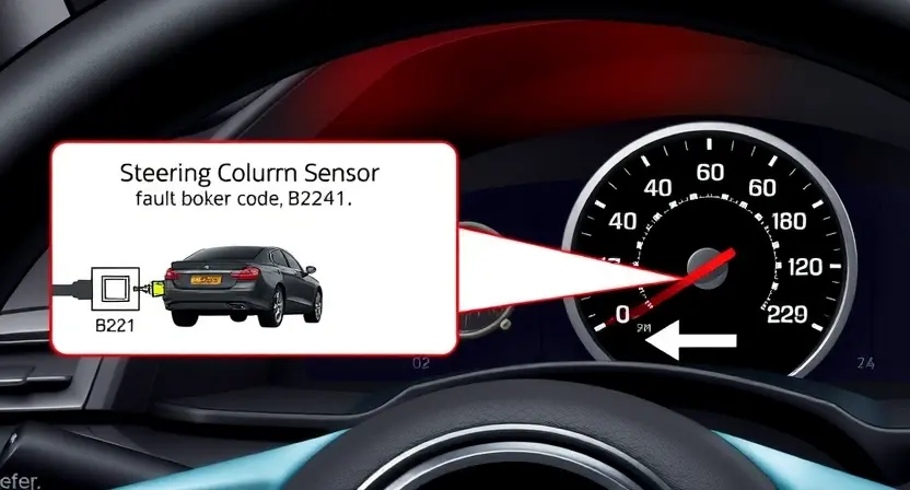 A detailed technical illustration of a car's steering column sensor circuit showing a fault code B2251, with highlighted broken wire, warning light on dashboard, and schematic symbols for sensor and wiring, rendered in high-quality technical diagram style
