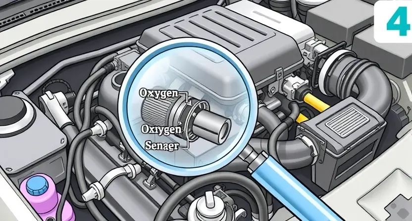 A detailed illustration of a car engine with a focus on the oxygen sensor. The oxygen sensor should be highlighted and labeled with a magnifying glass hovering over it to indicate inspection. The surrounding engine components should be depicted in a realistic and detailed manner, showing the connections and wiring to the oxygen sensor. The image should convey a sense of technical precision and diagnostic process.