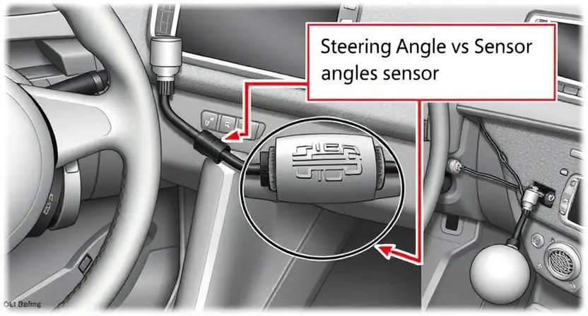 A detailed illustration of a car's steering angle sensor and its connection to the car's computer system. The image should clearly show the sensor mounted near the steering column and the wiring connecting it to the vehicle's electronic control unit (ECU). Focus on the sensor's physical appearance and the wiring harness.
