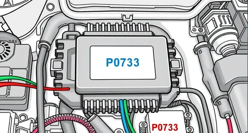 A detailed illustration of a car's engine control unit (ECU) with various sensors and wiring, highlighting the P0733 error code indicator. The background should be a clean, technical environment.