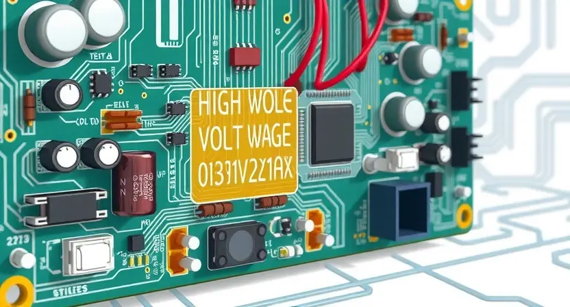 A detailed illustration of an electrical circuit board with a highlighted area indicating a potential voltage issue. The circuit board should show various components like resistors, capacitors, and integrated circuits. A visual representation of high voltage should be depicted near the affected area, perhaps with wavy lines or a glowing effect. The background should be a clean, technical environment.