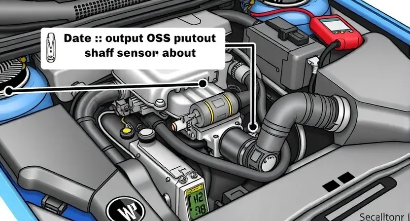 A detailed illustration of a car's engine bay, focusing on the area where the Output Shaft Sensor (OSS) is located. The OSS should be clearly visible, along with wiring and connectors. Include diagnostic tools like a scan tool or multimeter in the background. The overall scene should depict a car's internal components.