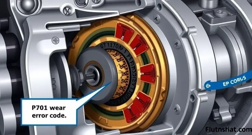 A detailed illustration of a transmission's friction element, showing wear and tear, with a focus on the P2701 error code context. The image should depict the internal components of the transmission, highlighting the friction material and its condition.