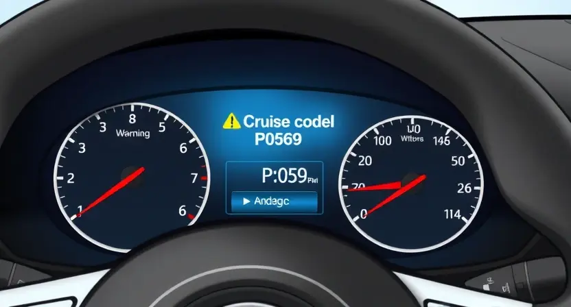 A detailed illustration of a car's dashboard with a warning light illuminated for the cruise control system. The dashboard should clearly show the error code P0569 displayed on a digital instrument cluster. The car's interior should be realistically depicted, focusing on the dashboard area.
