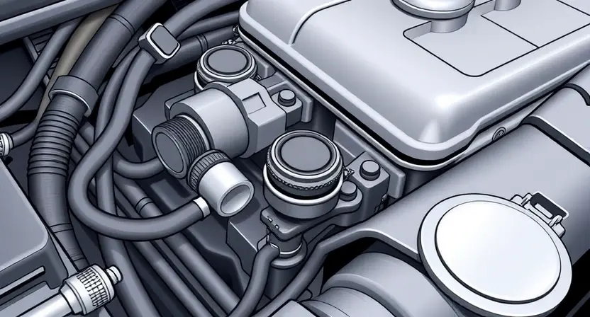 A close-up, detailed illustration of an engine bay with a focus on the position sensor for the distributor. The sensor should be clearly visible, along with surrounding engine components like hoses, wires, and the distributor itself. The image should convey a sense of technical precision and clarity, suitable for a repair manual.