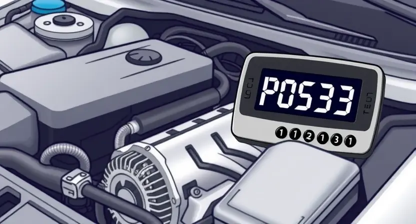 A detailed illustration of a car's engine bay with a diagnostic code reader displaying 'P0533'. The engine should be partially visible, showcasing various components like the alternator, battery, and wiring. The code reader should be clearly legible, highlighting 'P0533' in a prominent font. The overall lighting should be bright and informative, emphasizing the technical aspects.