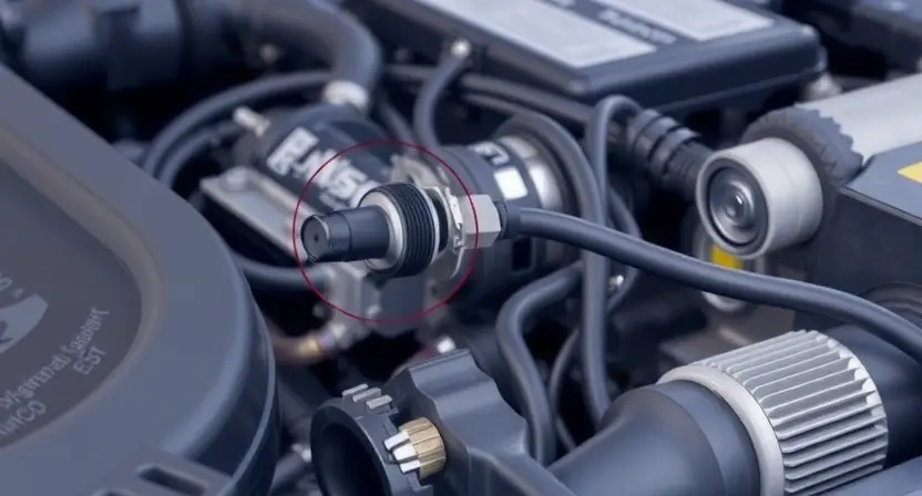 A close-up illustration of a car engine bay with a highlighted oxygen sensor and wiring harness. The sensor should be clearly visible, and the wiring should be neatly organized. Focus on the sensor's location and connection points. The background should be slightly blurred to emphasize the sensor.