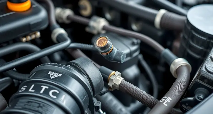 A close-up, detailed image of a car engine bay with a focus on the engine coolant temperature sensor and associated wiring. The sensor should be clearly visible, along with the surrounding hoses and components. The overall lighting should be bright and clean, highlighting the mechanical details.