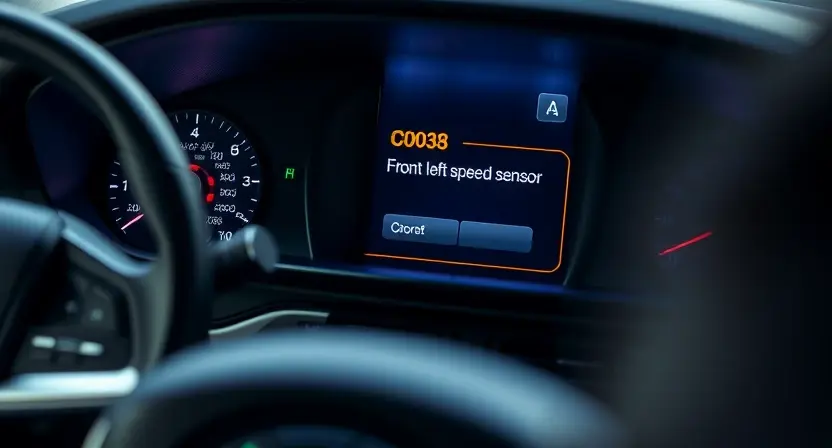 A detailed, high-quality image of a car's dashboard with a diagnostic screen displaying the error code C0038. The screen should show a warning message related to the front left speed sensor. The car's interior should be visible, showing the steering wheel, seats, and other dashboard elements. The lighting should be realistic, showing the dashboard illuminated.