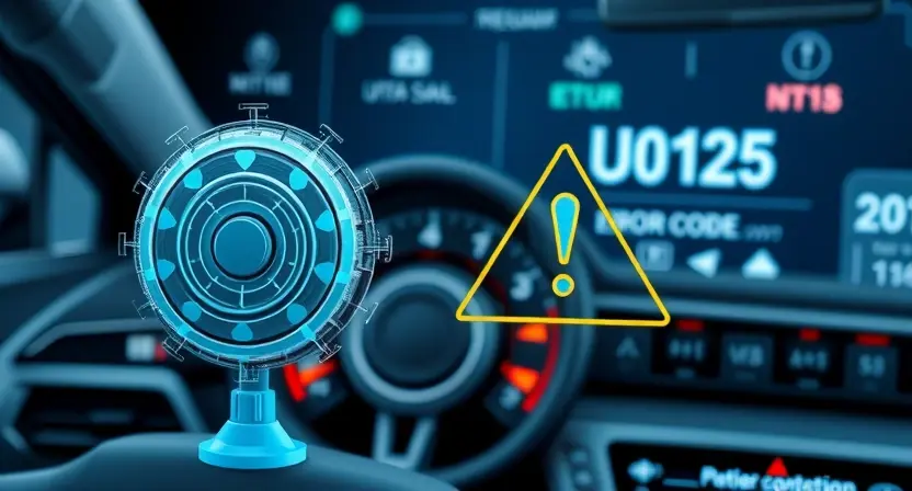 A futuristic automotive diagnostic scene showing a multi-axis acceleration sensor with visible data transmission lines disconnected, a warning symbol (like an exclamation mark inside a triangle) hovering near the sensor, and a blurred car dashboard in the background displaying error code U0125 on a digital screen, all in a high-tech, clean, technical illustration style