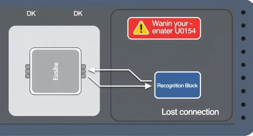 A high-quality technical illustration showing a vehicle's diagnostic system with a warning indicator for error code U0154, featuring a schematic of a communication bus, a highlighted block labeled 'Recognition Block', and a visual representation of lost connection, all rendered in a clean, professional style suitable for automotive diagnostics documentation